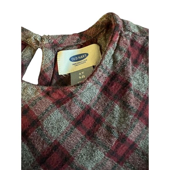 Girls Toddler Size 4T Old Navy Maroon Gray Cotton Plaid Pleated Dress Cap Sleeve - Picture 4 of 5